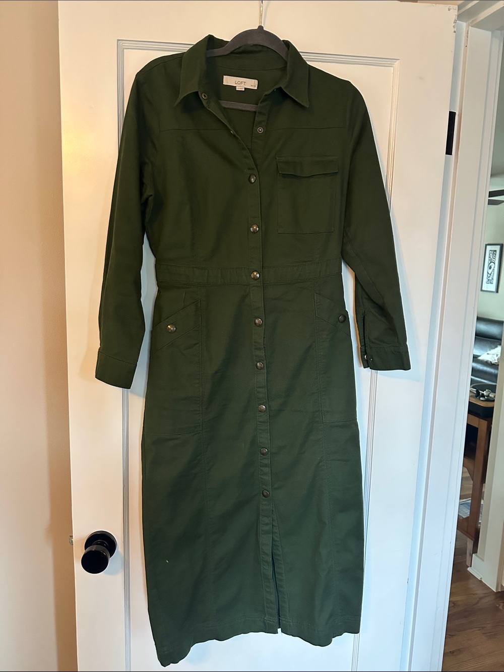 LOFT Olive Green Long Sleeve Button-Front Shirt Dress